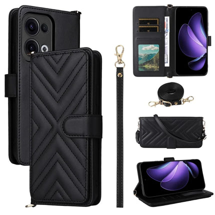 For Oppo Reno13 5G (Global) Wallet Case with Shoulder Strap Leather Phone Cover - Black