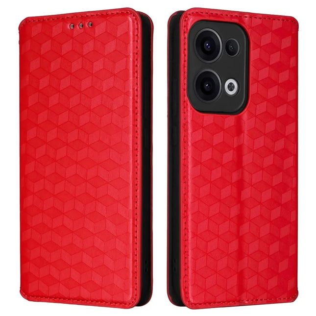 For Oppo Reno13 5G (Global) Wallet Case Rhombus Imprinted Leather Phone Cover - Red