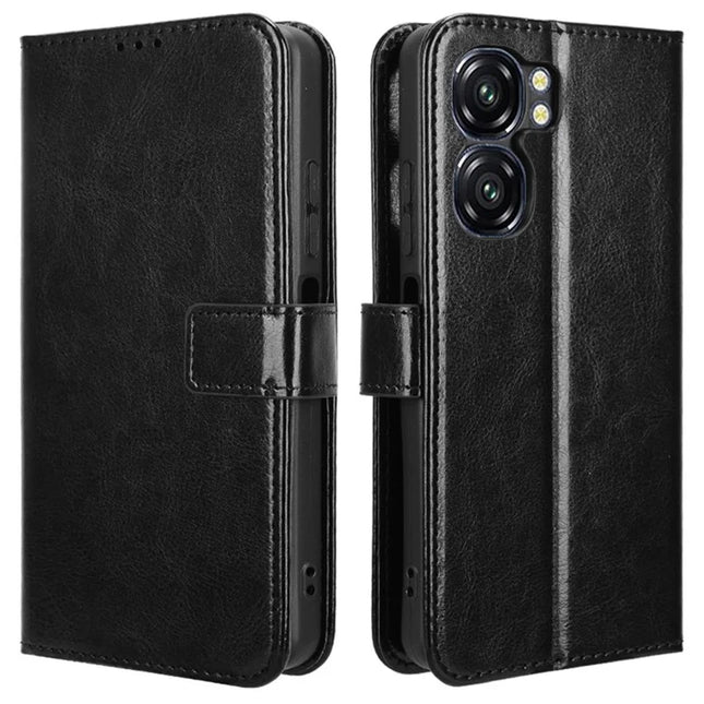 For Oukitel C58 Pro / C58 Case Crazy Horse Texture PU Leather Phone Wallet Cover - Black