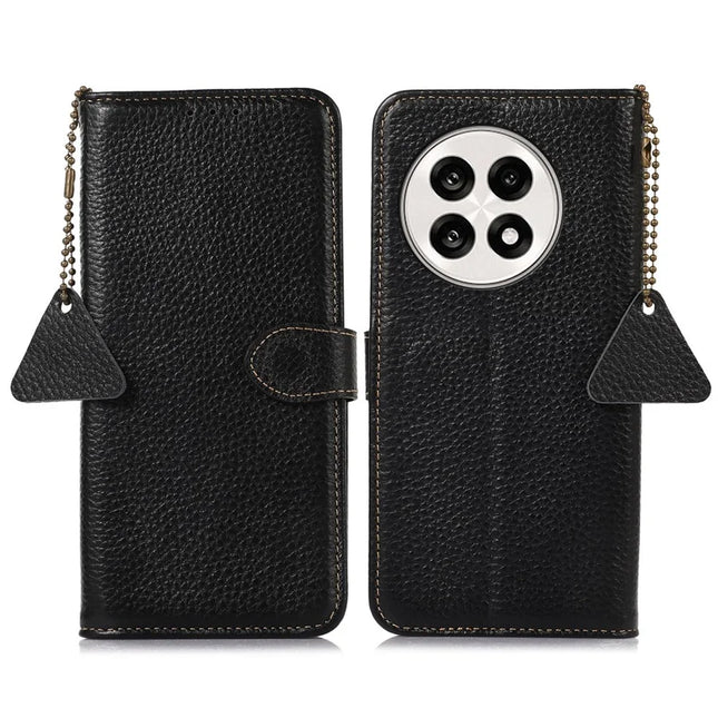 For OnePlus Ace 5 5G / 13R 5G Case RFID Blocking Genuine Cow Leather Phone Cover Litchi Texture - Black