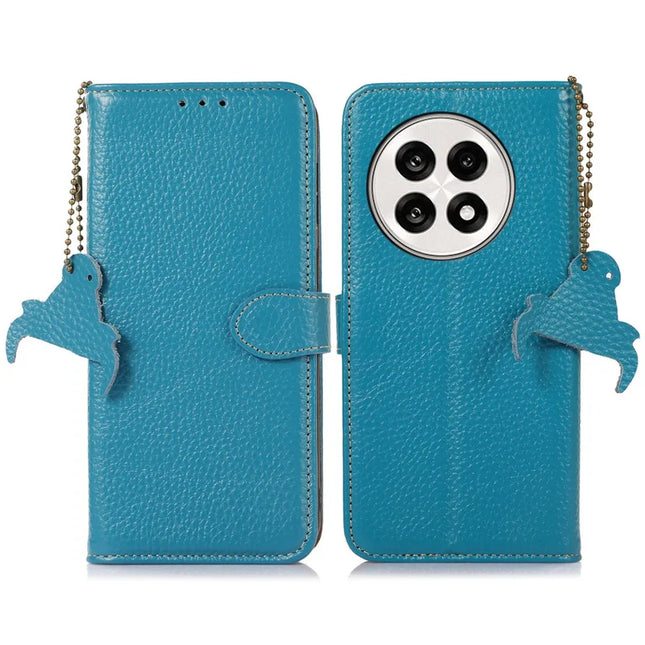 For OnePlus Ace 5 5G / 13R 5G Case RFID Blocking Genuine Cow Leather Phone Cover Litchi Texture - Blue