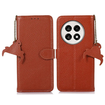 For OnePlus Ace 5 5G / 13R 5G Case RFID Blocking Genuine Cow Leather Phone Cover Litchi Texture - Brown