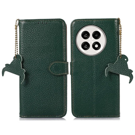 For OnePlus Ace 5 5G / 13R 5G Case RFID Blocking Genuine Cow Leather Phone Cover Litchi Texture - Green