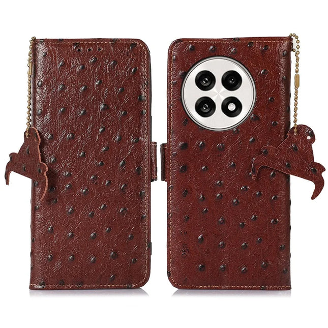 For OnePlus Ace 5 5G / 13R 5G Case RFID Blocking Genuine Cow Leather Phone Case Ostrich Texture - Brown