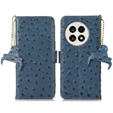 For OnePlus Ace 5 5G / 13R 5G Case RFID Blocking Genuine Cow Leather Phone Case Ostrich Texture - Blue