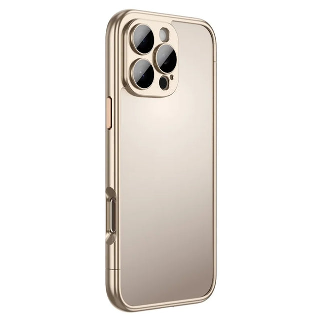 For iPhone 16 Pro Max Bumper Case Electroplating Hard PC Protective Cover with Camera Lens Film - Gold