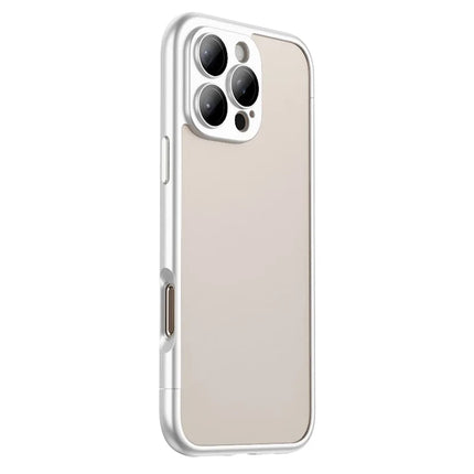 For iPhone 16 Pro Max Case Hard PC Rubberized Frame Back Hollow Design Matte Phone Cover with Glass Lens Film - Silver