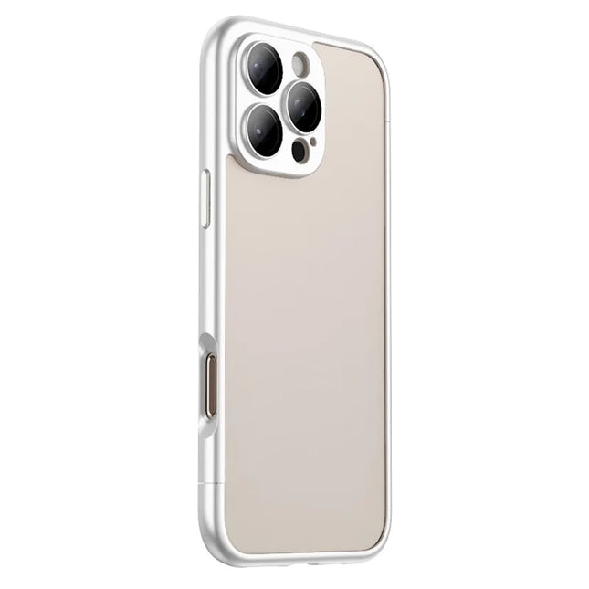 For iPhone 16 Pro Max Case Hard PC Rubberized Frame Back Hollow Design Matte Phone Cover with Glass Lens Film - Silver