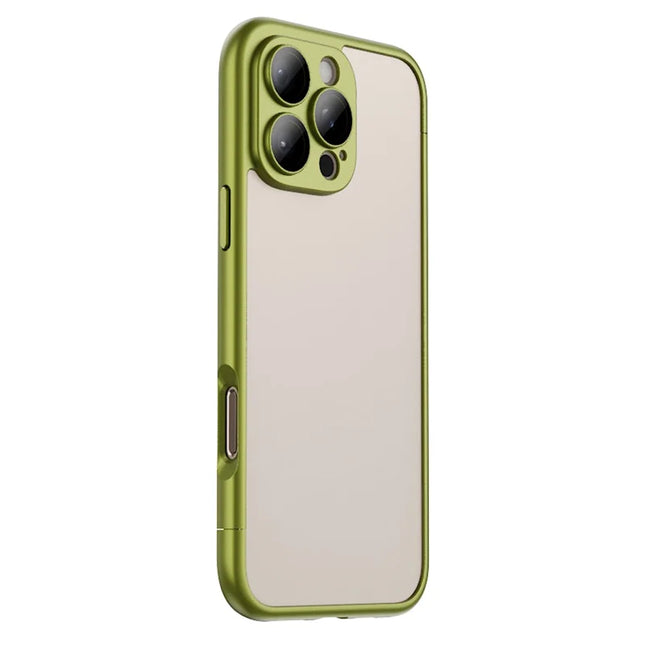 For iPhone 16 Pro Max Case Hard PC Rubberized Frame Back Hollow Design Matte Phone Cover with Glass Lens Film - Green