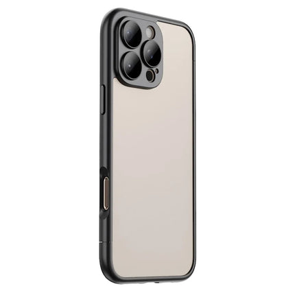 For iPhone 16 Pro Max Case Hard PC Rubberized Frame Back Hollow Design Matte Phone Cover with Glass Lens Film - Black