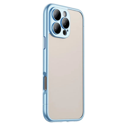 For iPhone 16 Pro Max Case Hard PC Rubberized Frame Back Hollow Design Matte Phone Cover with Glass Lens Film - Blue