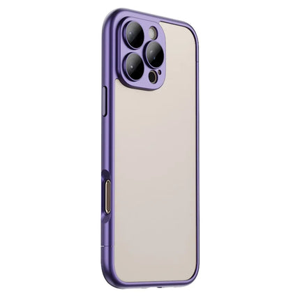 For iPhone 16 Pro Max Case Hard PC Rubberized Frame Back Hollow Design Matte Phone Cover with Glass Lens Film - Purple