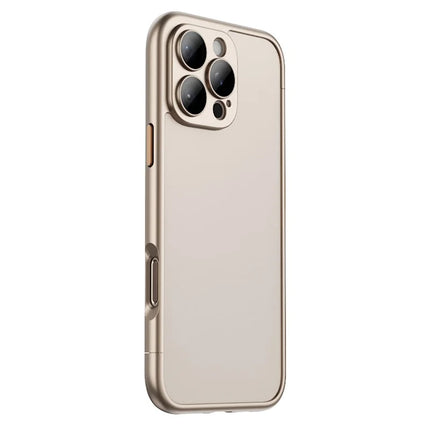 For iPhone 16 Pro Max Case Hard PC Rubberized Frame Back Hollow Design Matte Phone Cover with Glass Lens Film - Gold