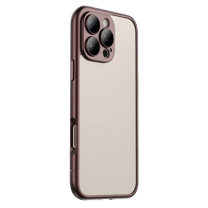 For iPhone 16 Pro Case Hard PC Rubberized Frame Back Hollow Design Matte Phone Cover with Glass Lens Film - Wine Red