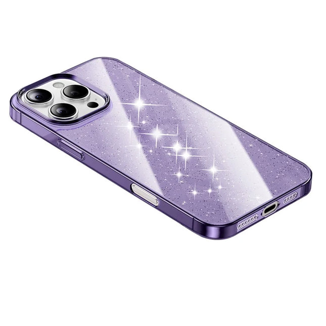For iPhone 16 Pro Case PC + Glitter Glass Protective Phone Cover - Transparent Purple