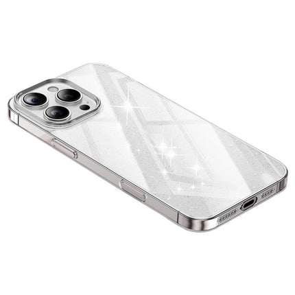 For iPhone 16 Pro Case PC + Glitter Glass Protective Phone Cover - Transparent