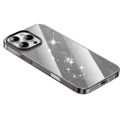 For iPhone 16 Pro Case PC + Glitter Glass Protective Phone Cover - Transparent Black