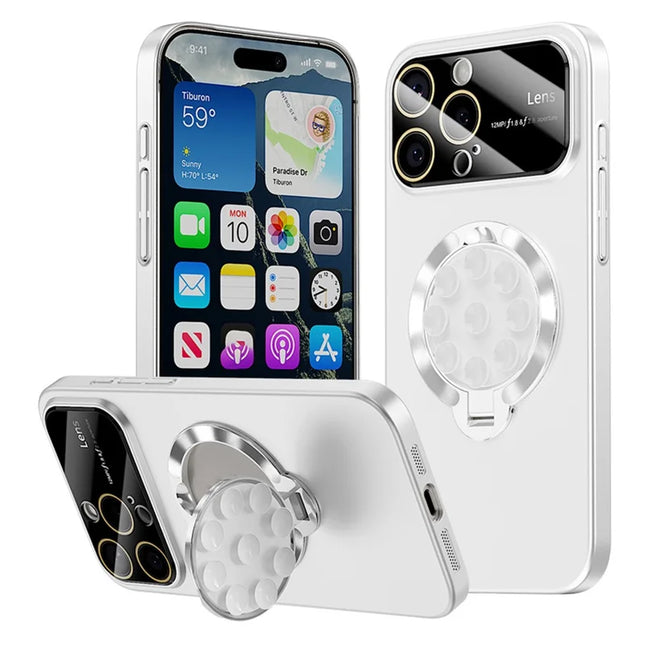 For iPhone 16 Pro Case Compatible with MagSafe Suction Cup Kickstand PC Phone Cover - White
