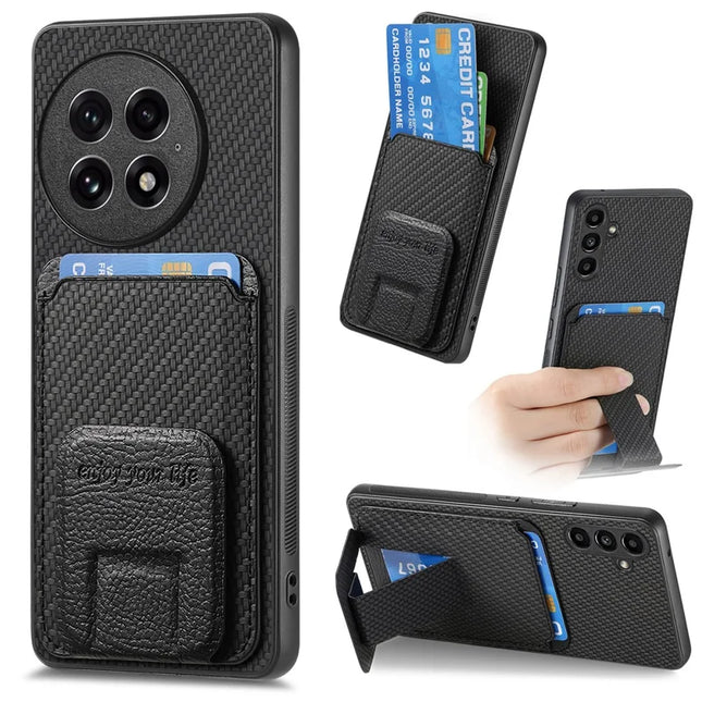 For OnePlus 13 Case Card Holder Carbon Fiber Texture Leather Coated TPU Phone Cover - Black