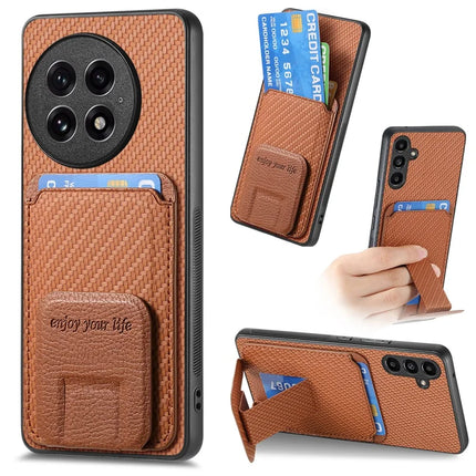 For OnePlus 13 Case Card Holder Carbon Fiber Texture Leather Coated TPU Phone Cover - Brown