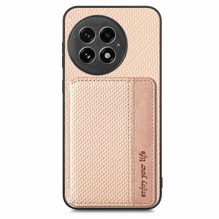 For OnePlus 13 Case RFID Blocking Carbon Fiber Leather Phone Back Cover with Card Holder - Apricot