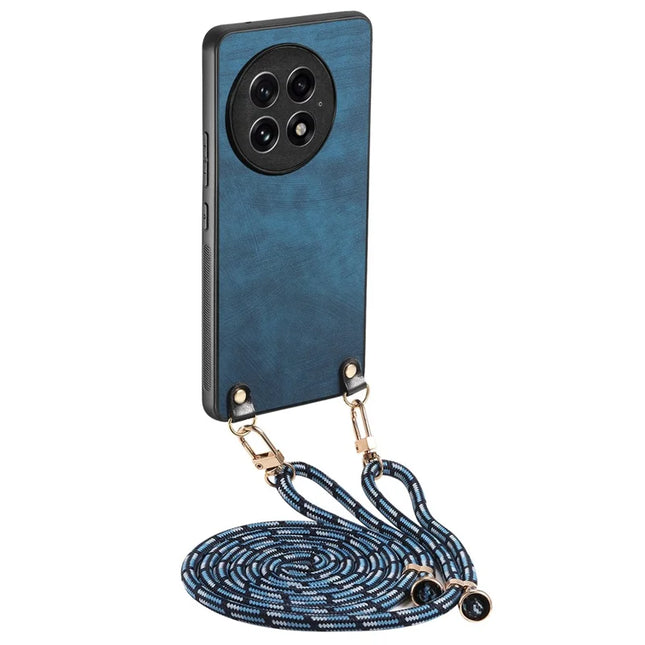 For OnePlus 13 Retro Leather Phone Back Cover with Adjustable Strap - Blue