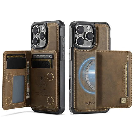 For iPhone 16 Pro Max Case AUTSPACE A13 Vintage Leather Back Cover with Magnetic Detachable Card Bag - Coffee