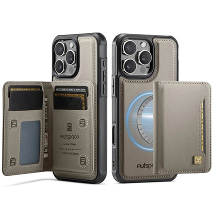 For iPhone 16 Pro Max Case AUTSPACE A13 Vintage Leather Back Cover with Magnetic Detachable Card Bag - Grey