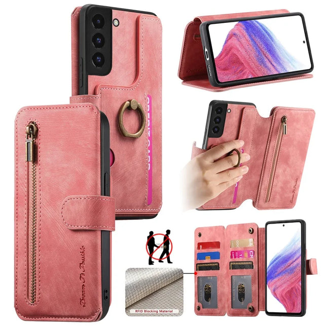 For Samsung Galaxy S22 5G Leather Phone Back Cover with RFID Blocking Zipper Wallet Kickstand - Pink
