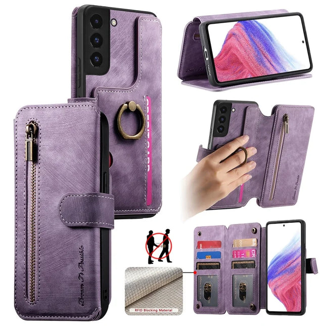For Samsung Galaxy S22 5G Leather Phone Back Cover with RFID Blocking Zipper Wallet Kickstand - Purple