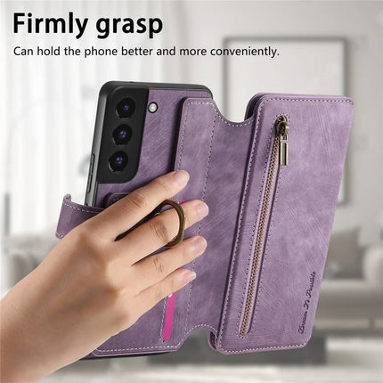 For Samsung Galaxy S22 5G Leather Phone Back Cover with RFID Blocking Zipper Wallet Kickstand