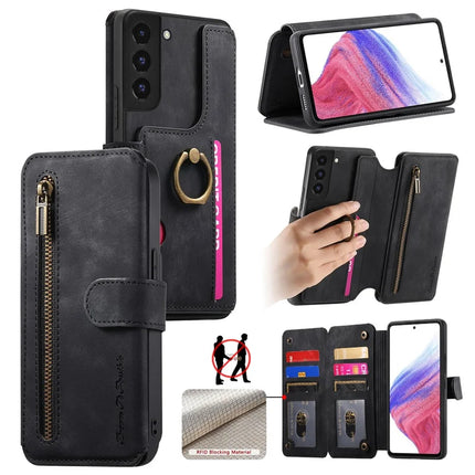 For Samsung Galaxy S22 5G Leather Phone Back Cover with RFID Blocking Zipper Wallet Kickstand - Black