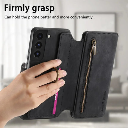 For Samsung Galaxy S22 5G Leather Phone Back Cover with RFID Blocking Zipper Wallet Kickstand
