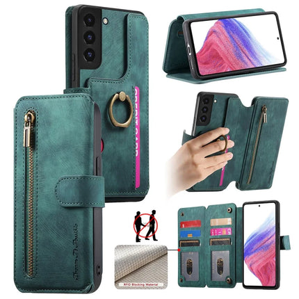 For Samsung Galaxy S22 5G Leather Phone Back Cover with RFID Blocking Zipper Wallet Kickstand - Green