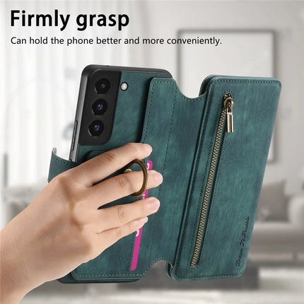 For Samsung Galaxy S22 5G Leather Phone Back Cover with RFID Blocking Zipper Wallet Kickstand