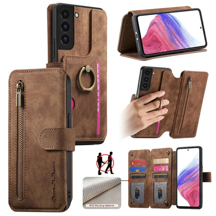 For Samsung Galaxy S22 5G Leather Phone Back Cover with RFID Blocking Zipper Wallet Kickstand - Brown