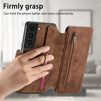 For Samsung Galaxy S22 5G Leather Phone Back Cover with RFID Blocking Zipper Wallet Kickstand