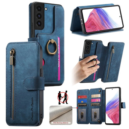 For Samsung Galaxy S23 Leather Phone Back Cover with RFID Blocking Zipper Wallet Kickstand - Blue