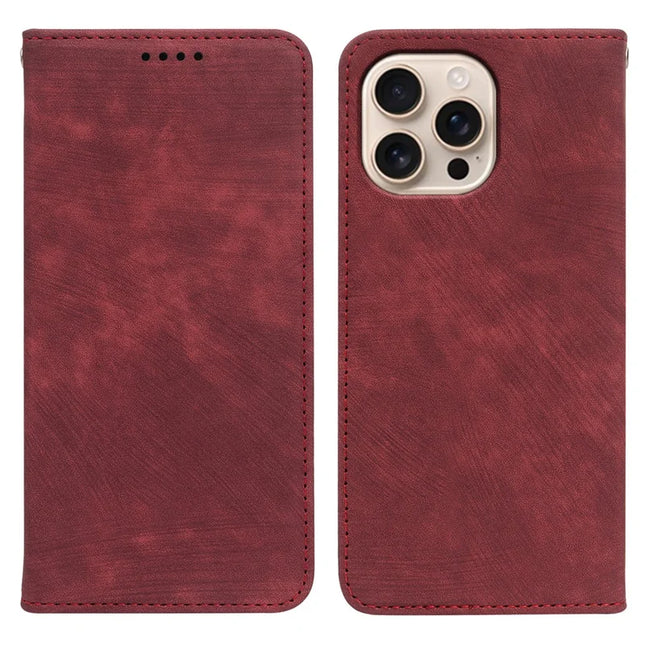 For iPhone 16 Pro Max Case Strong Magnetic Leather Wallet Phone Cover with Striped Texture - Red