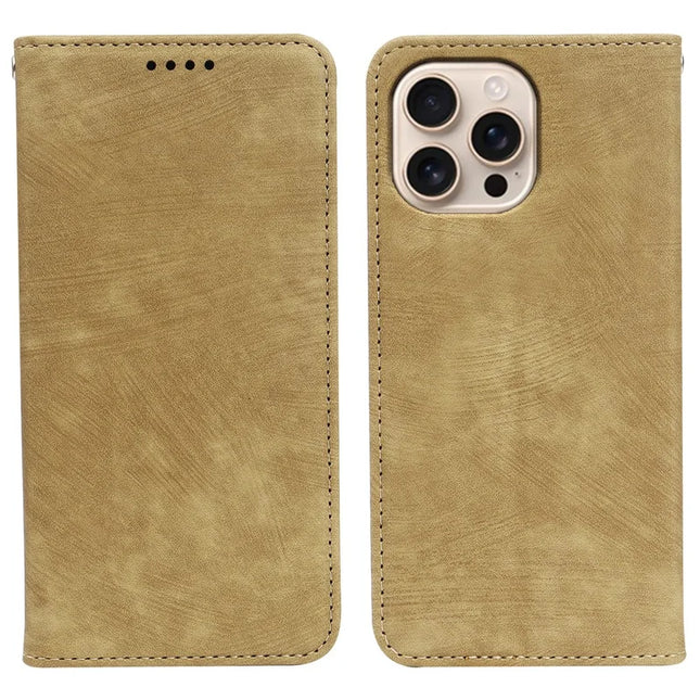 For iPhone 16 Pro Case Strong Magnetic Leather Wallet Phone Cover with Striped Texture - Yellow