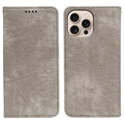 For iPhone 16 Pro Case Strong Magnetic Leather Wallet Phone Cover with Striped Texture - Grey