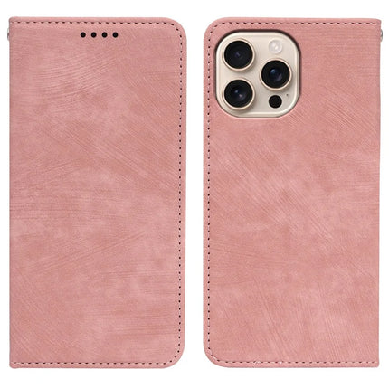 For iPhone 16 Pro Case Strong Magnetic Leather Wallet Phone Cover with Striped Texture - Rose Gold
