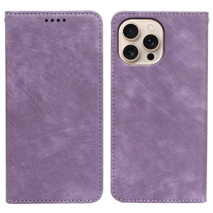 For iPhone 16 Pro Case Strong Magnetic Leather Wallet Phone Cover with Striped Texture - Purple