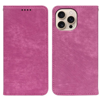 For iPhone 16 Pro Case Strong Magnetic Leather Wallet Phone Cover with Striped Texture - Rose