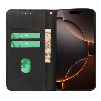 For iPhone 16 Pro Case Strong Magnetic Leather Wallet Phone Cover with Striped Texture