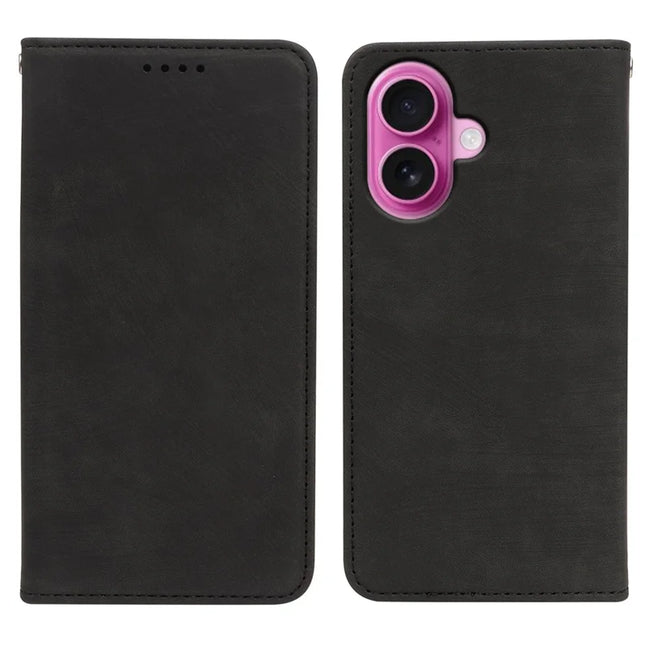 For iPhone 16 Plus Case Strong Magnetic Leather Wallet Phone Cover with Striped Texture - Black