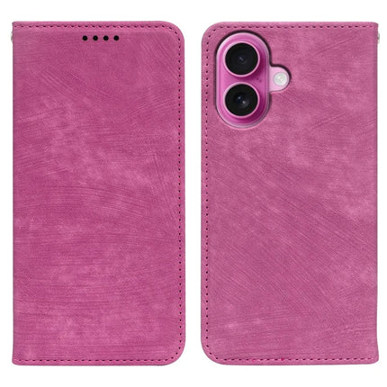 For iPhone 16 Plus Case Strong Magnetic Leather Wallet Phone Cover with Striped Texture - Rose