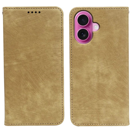 For iPhone 16 Case Strong Magnetic Leather Wallet Phone Cover with Striped Texture - Yellow