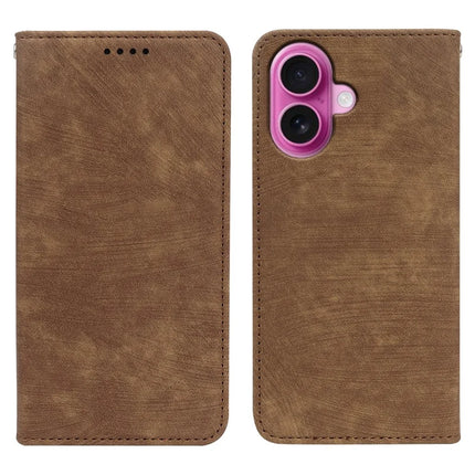 For iPhone 16 Case Strong Magnetic Leather Wallet Phone Cover with Striped Texture - Brown