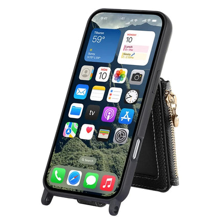 For iPhone 16 Pro Case Card Holder Kickstand Leather Back Cover with Shoulder Strap